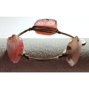 BOURBON & BOWTIES BB Pink Wire Wrapped Huge Triple GEMSTONE Bangle Bracelet Boho